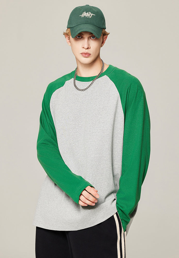 Contrast color loose long-sleeved cotton T-shirt