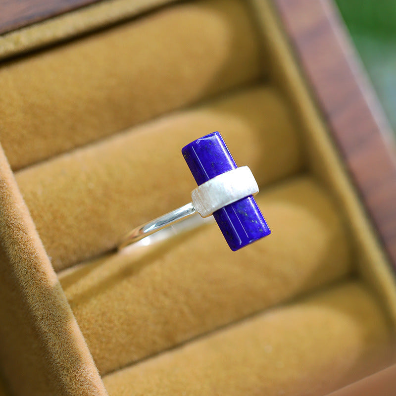 Sterling silver rectangle natural lapis lazuli ring