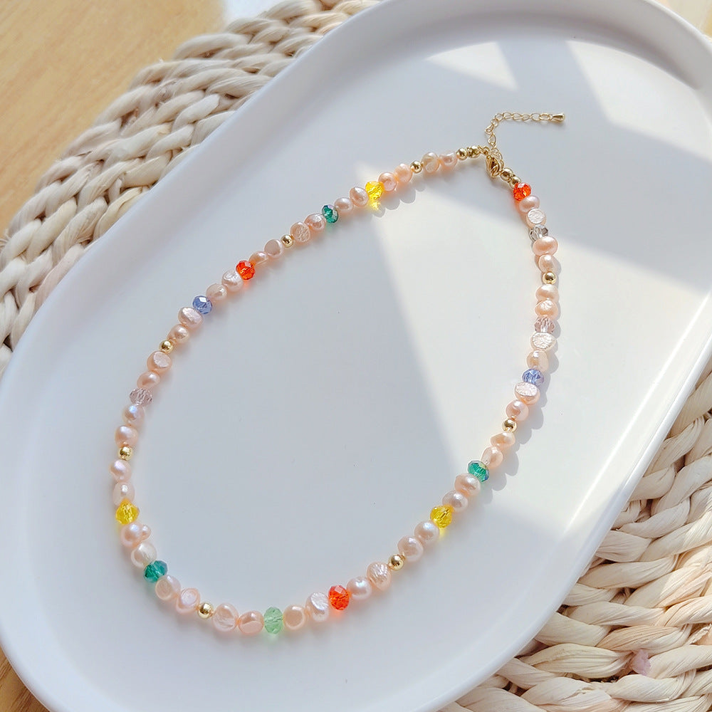 Pink Natural Pearl Necklace Women's Handmade Beaded Colorful Crystal Collar Chain