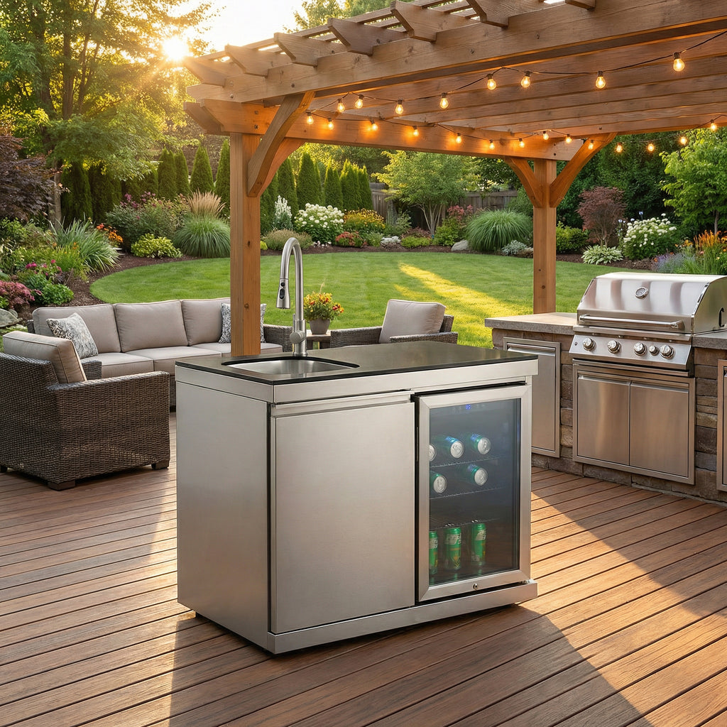 Sink and Fridge Combo for Outdoor Kitchen, 70L Refrigerator and Sink with Pull-Down Faucet, Brushed SS and Black Granite Countertops, All-in-One BBQ Island Cleaning Station (Silver)