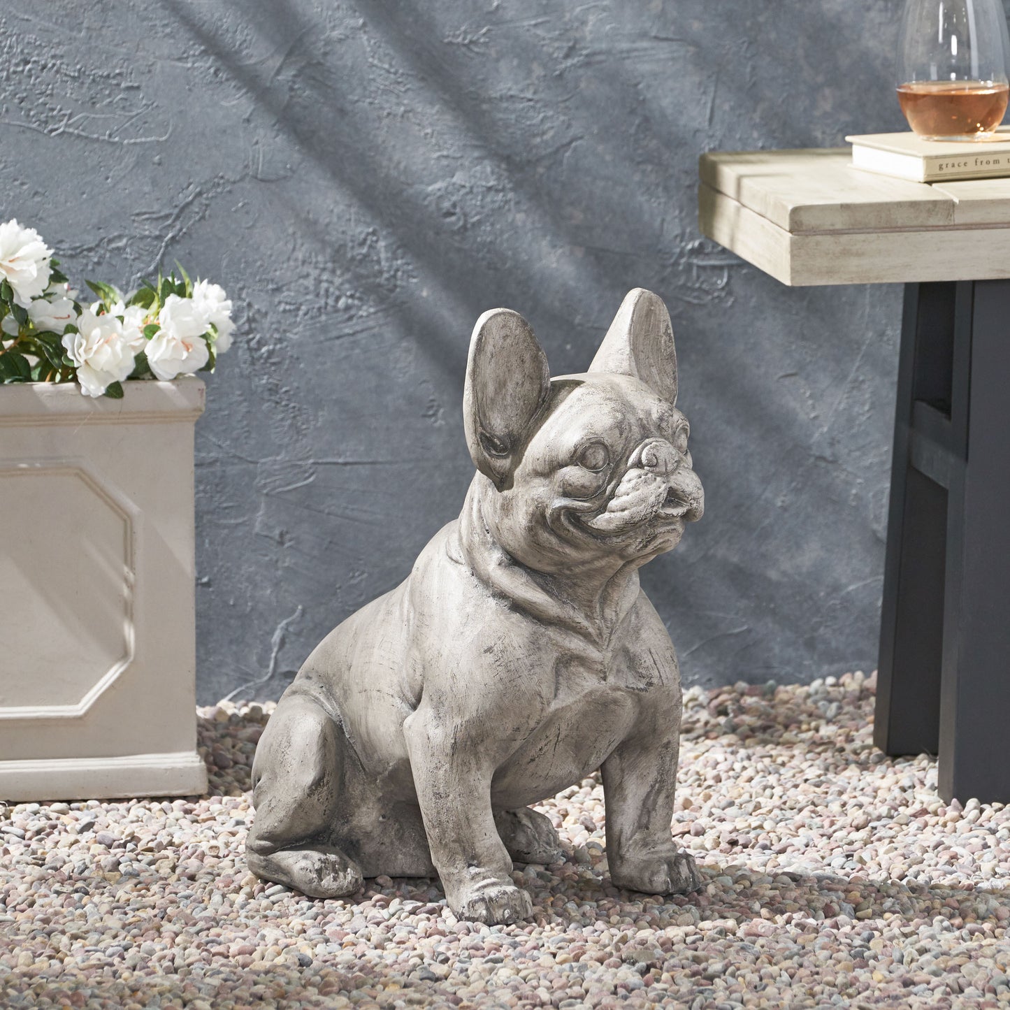 DOG GARDEN SCULPTURE, Outdoor French Bulldog Garden Statue, Gray, No Assembly Required