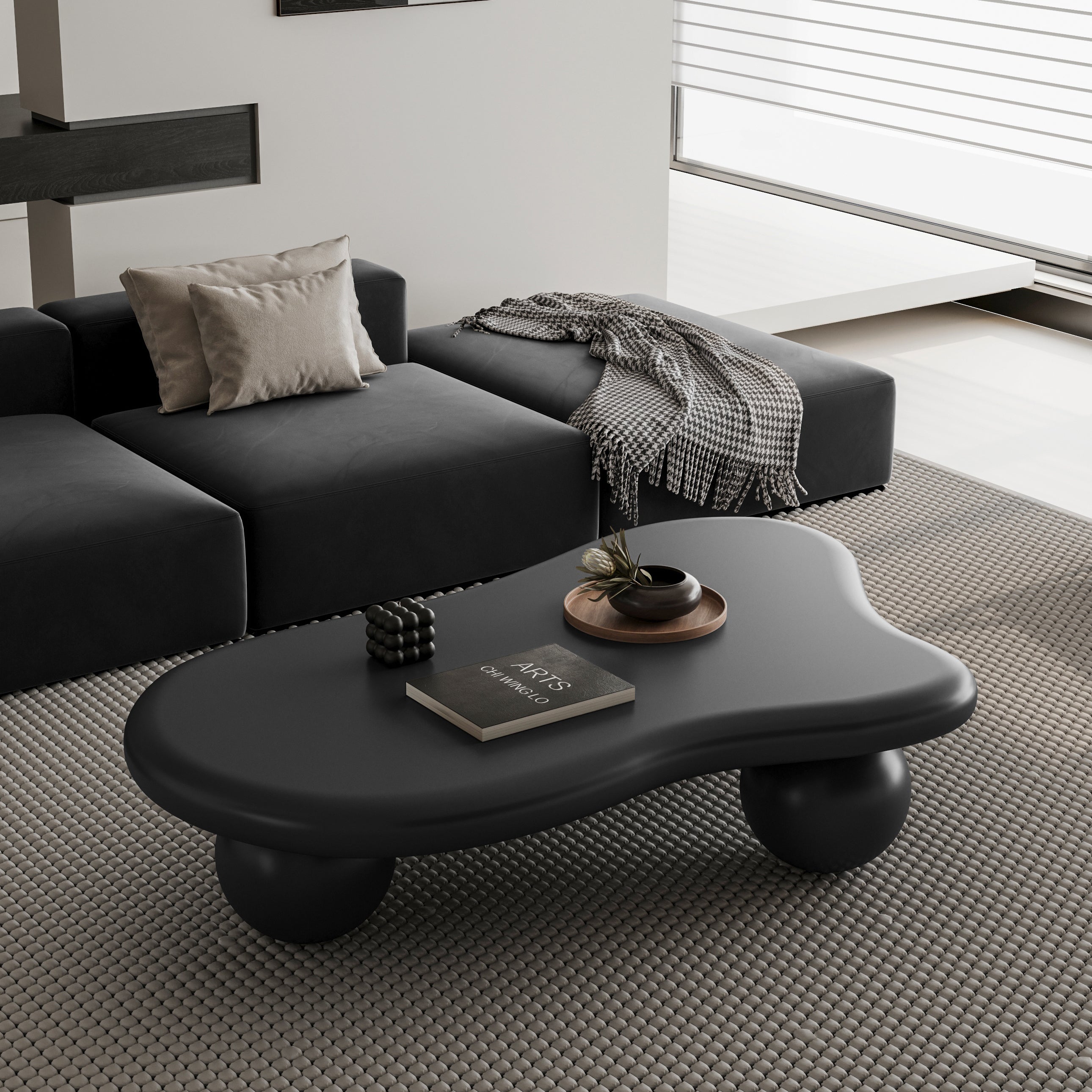 47 Inch Cloud Shaped Coffee Table with 3 Ball Legs for Living Room, Black