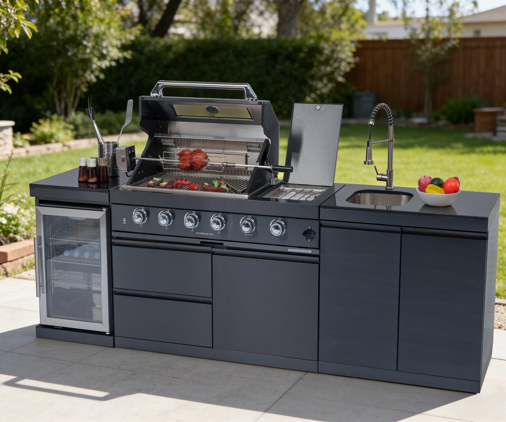 46-Inch 4-Burner 72000 BTU Deluxe Stainless Steel Gas Outdoor Kitchen Bar Barbecue Island Grill + Wine Cooler Compact Refrigerator + Rotisserie kit + Granite Countertops + Stainless steel Sink