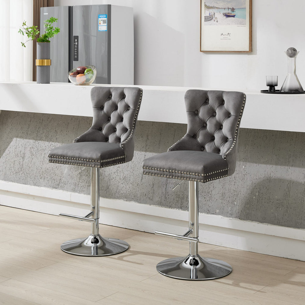 Thick Chrome Swivel Velvet Barstools,Adjustable 25-33'Height,Modern Upholstered with17.7' Base,Tufted Buttons&Diamond Pleating,Sponge&Spring Seat,for Home Pub&Kitchen Island(Gray, Set of 2)