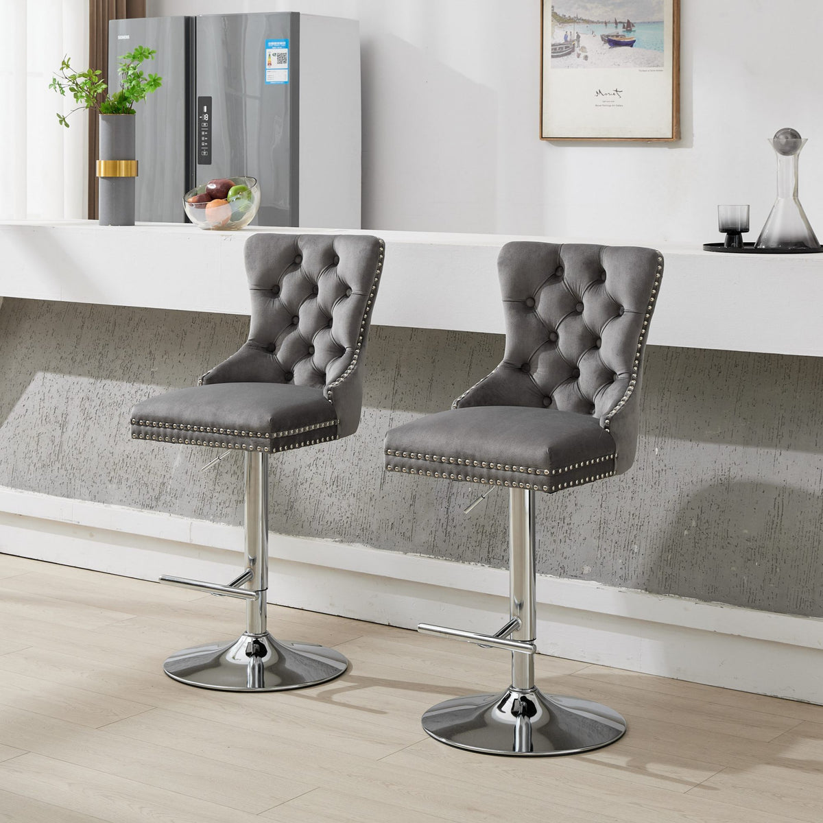 Thick Chrome Swivel Velvet Barstools,Adjustable 25-33'Height,Modern Upholstered with17.7' Base,Tufted Buttons&Diamond Pleating,Sponge&Spring Seat,for Home Pub&Kitchen Island(Gray, Set of 2)