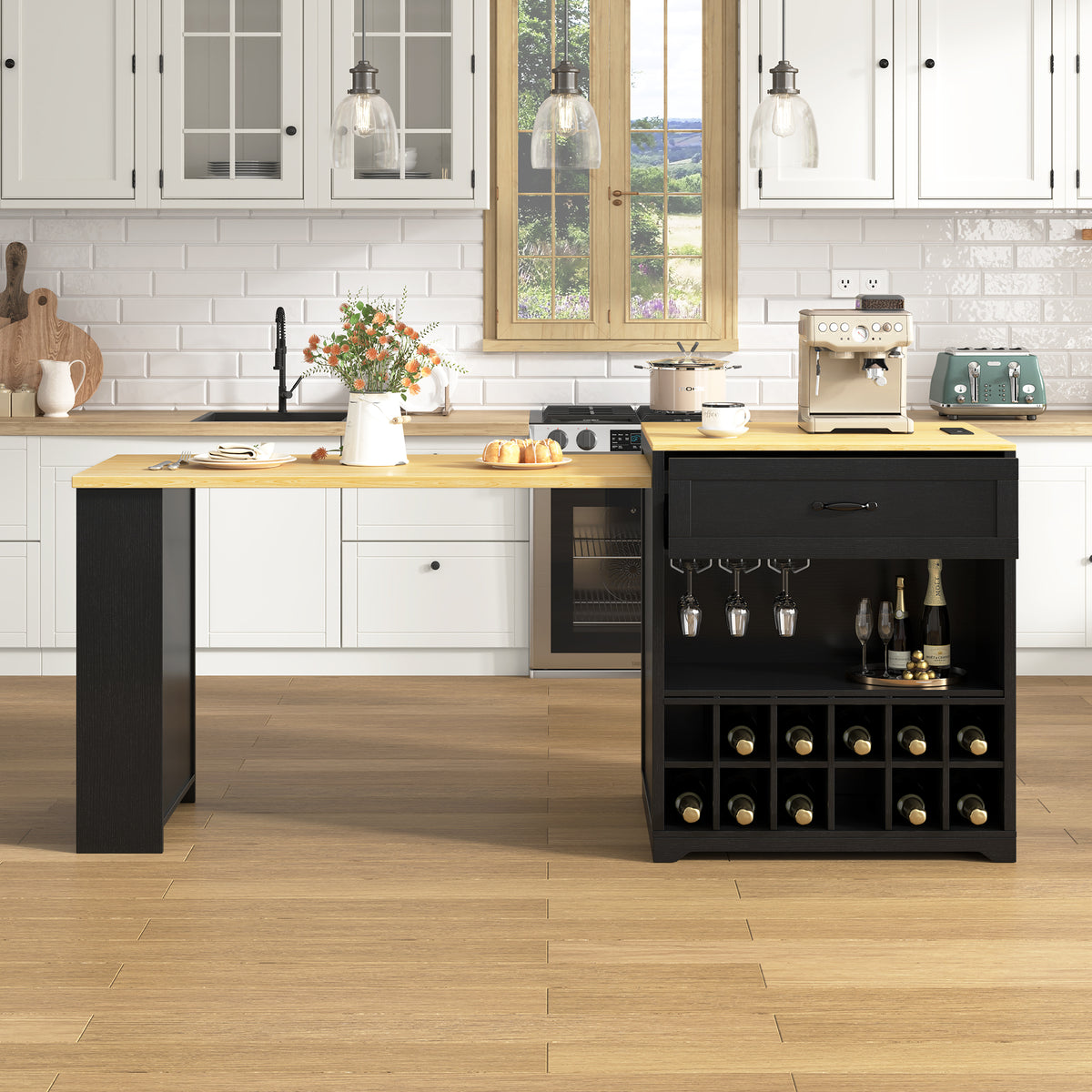 U_STYLE Extendable Counter Table with Wheels,Bar Table with Built-in Power Outlet,Farmhouse Wine Cabinet with Double-Sided Drawers,Suitable for Kitchen & Home Bar (Chairs Not Included)