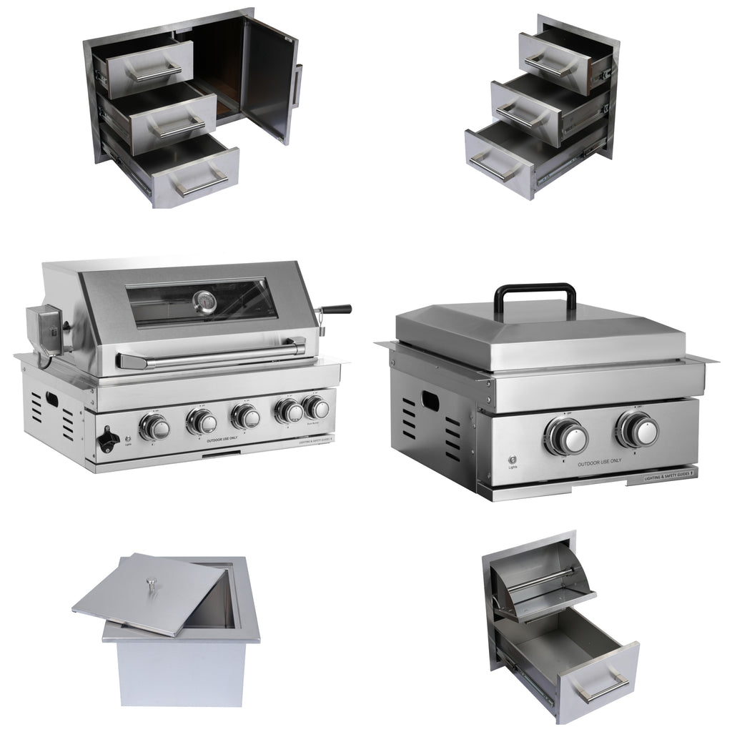 Built-in Outdoor Kitchen 32-inch LPG Gas Grill 60000 BTU Stainless Steel Four Burners Grill with Infrared Rear Burner and Door and Drawer Combo and Drop-in Stainless-Steel ICE BOX with BBQ Tool Set
