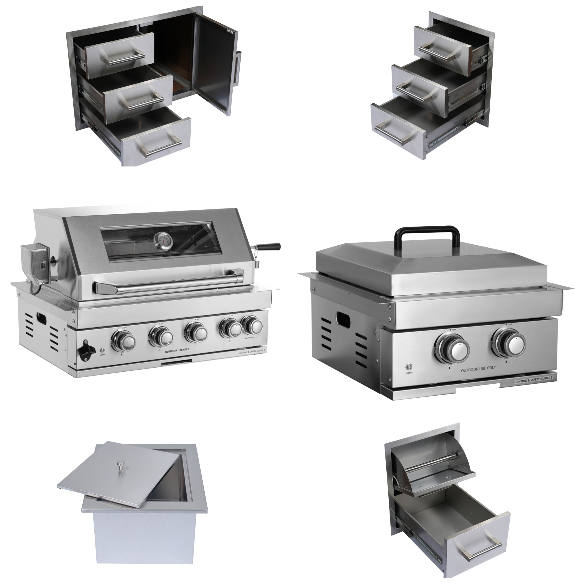 Built-in Outdoor Kitchen 32-inch LPG Gas Grill 60000 BTU Stainless Steel Four Burners Grill with Infrared Rear Burner and Door and Drawer Combo and Drop-in Stainless-Steel ICE BOX with BBQ Tool Set