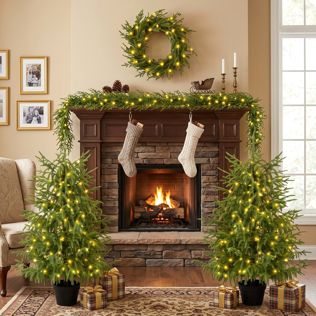 4-Piece Christmas Tree Set – 2 Trees with Sturdy Bases, 1 Pre-Lit Wreath, 1 Garland, Warm White Lights, Easy to Shape & Wobble-Free for Indoor Holiday Home Decor