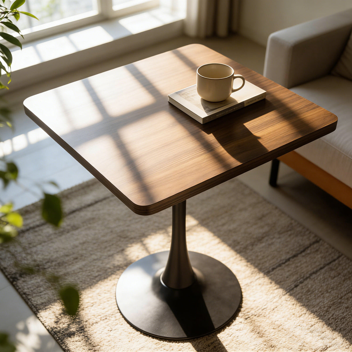 Square Dining Table, 27.6' Tulip Table with Thickened Edge Decor Tabletop & Metal Pedestal, Mid Century Modern Bistro Table for Kitchen, Small Places, Living Room, Cafe ( Walnut Color)