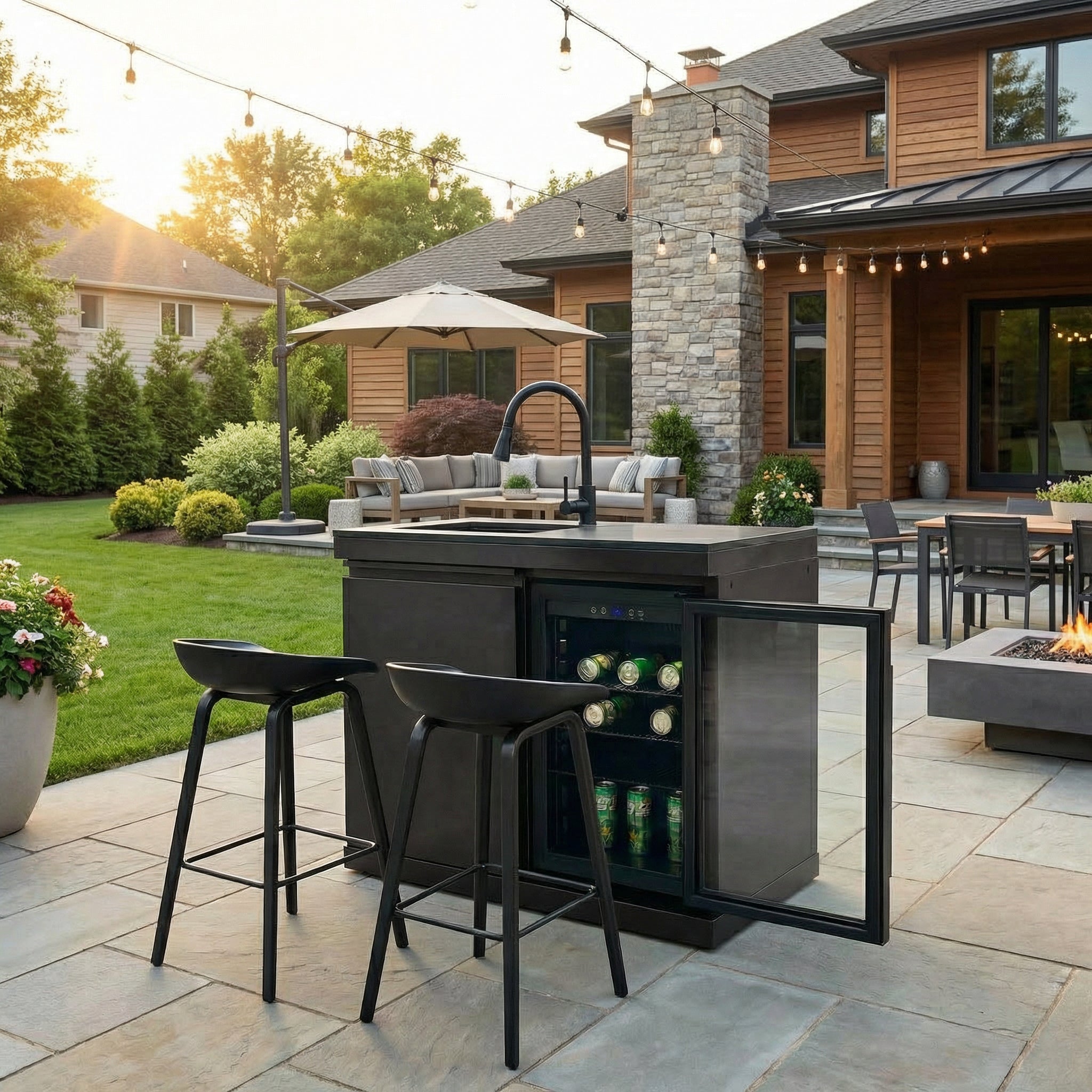 Sink and Fridge Combo for Outdoor Kitchen, 70L Refrigerator and Sink with Pull-Down Faucet, Brushed SS and Black Granite Countertops, All-in-One BBQ Island Cleaning Station (Black)