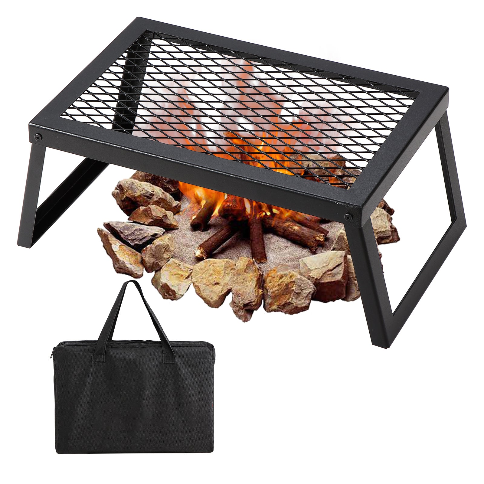 Folding Campfire Grill, Heavy Duty Steel Mesh Grate, 18' Portable Camping Grates Over Fire Pit, Camp Fire Cooking Equipment with Legs Carrying Bag, Grilling Rack for Outdoor Open Flame Cooking