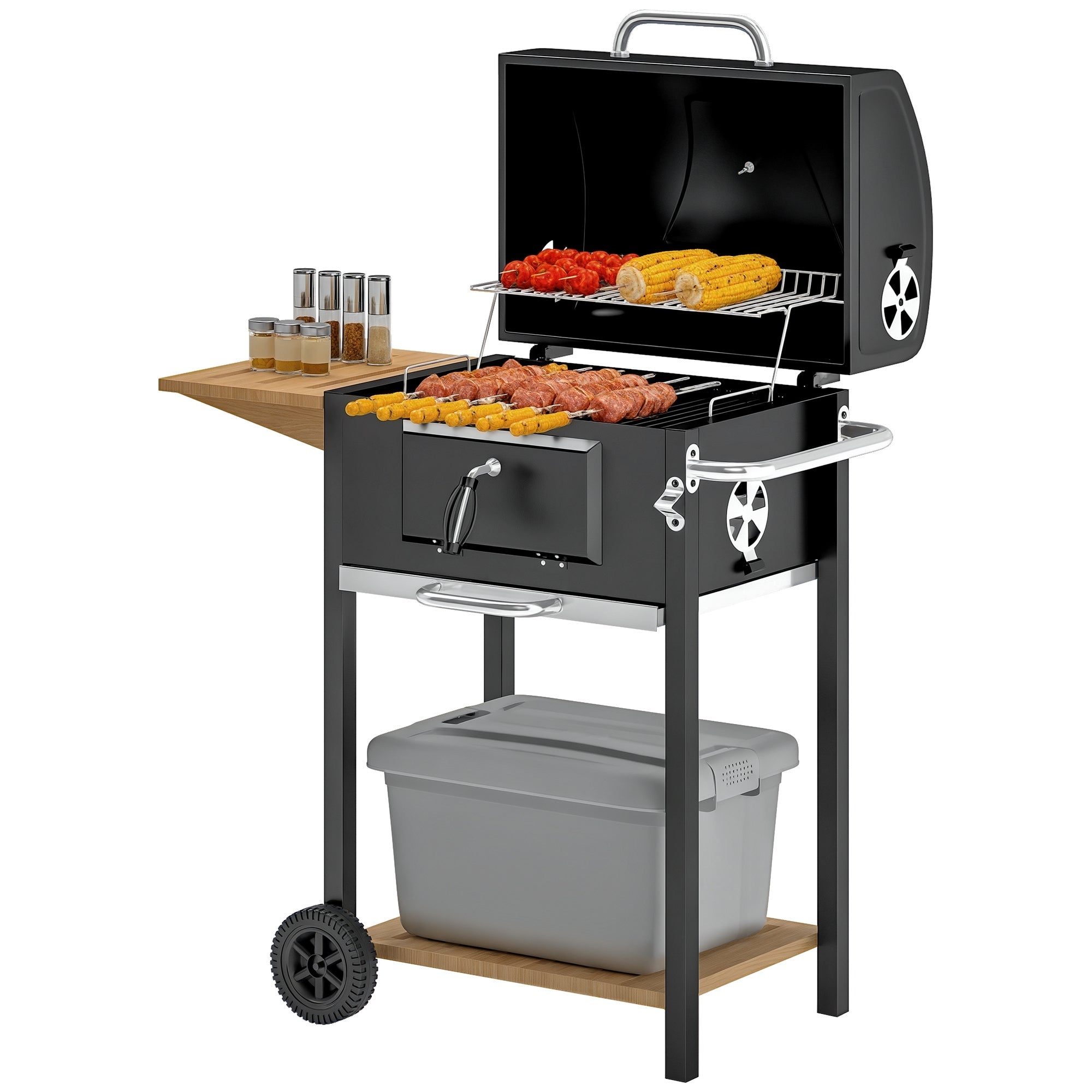 Outsunny Charcoal BBQ Grill, Portable Barbecue Grill for Camping or Backyard Picnic with Side Table, Bottom Storage Shelf, Wheels and Handle, Black