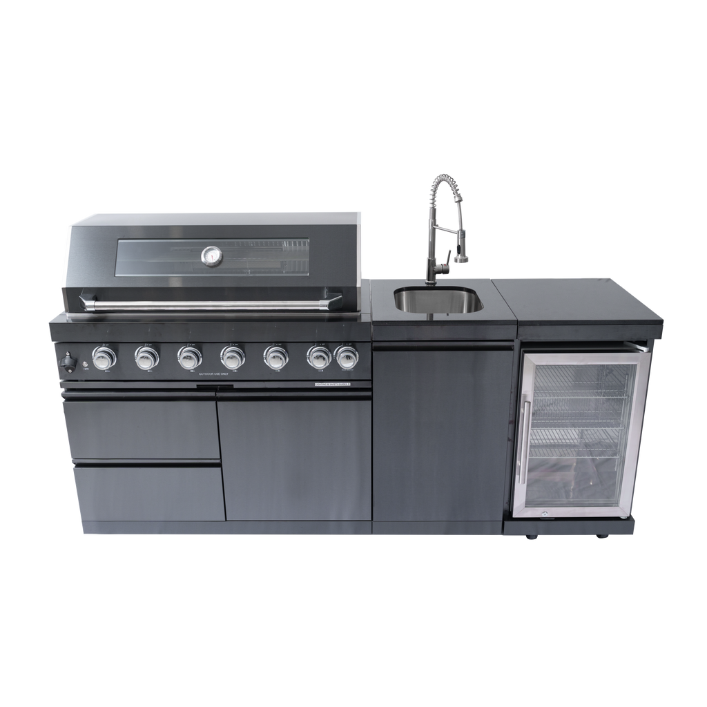 43-Inch 6-Burner 85,000 BTU Stainless Steel Outdoor Kitchen Island Grill with Wine Cooler Refrigerator, Rotisserie Kit, Granite Countertops & Stainless Steel Sink