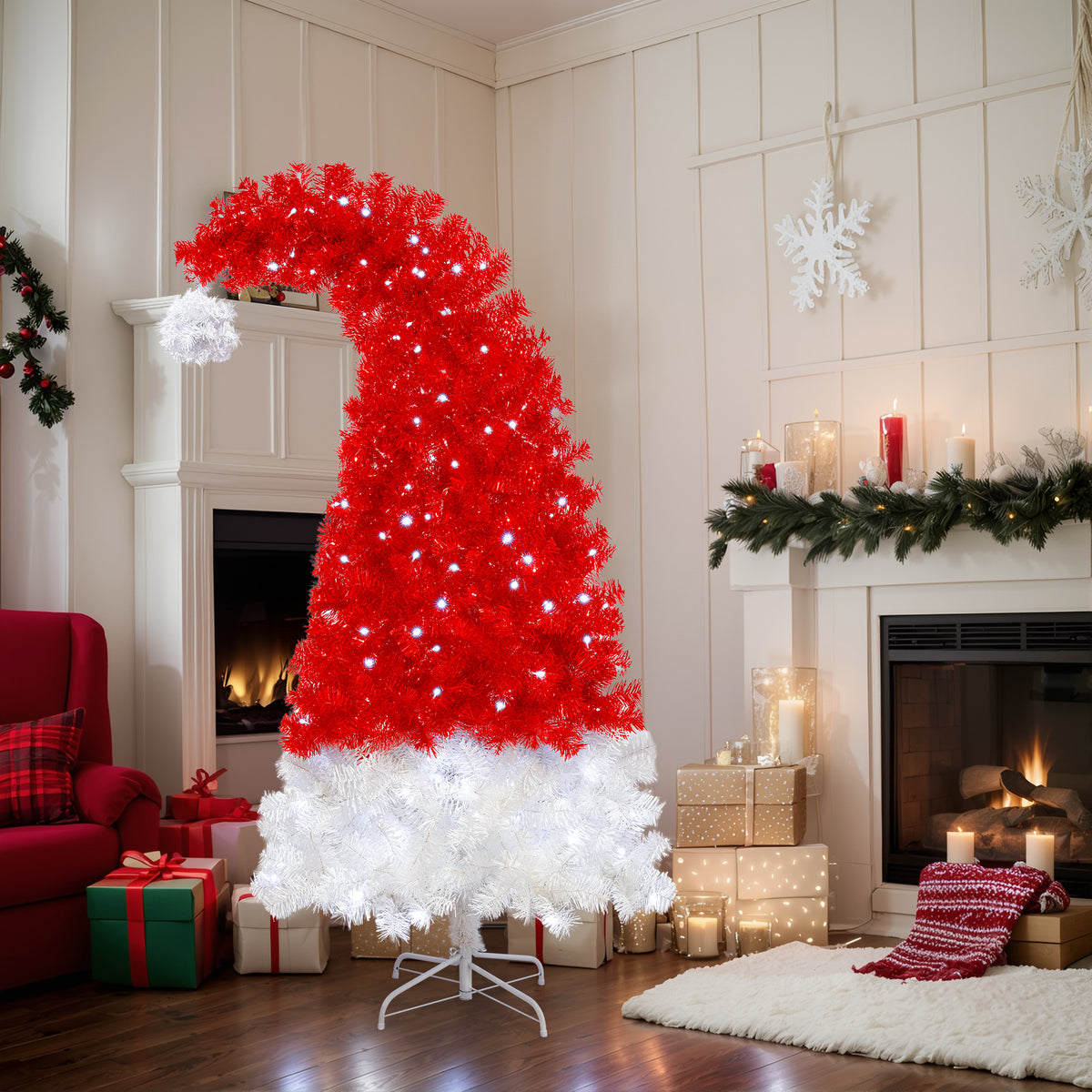 6FT Artificial Christmas Tree with LED Light, Santa's Hat Shape Artificial Whimsical Xmas Tree with 1050 Tip, Curved Xmax Tree