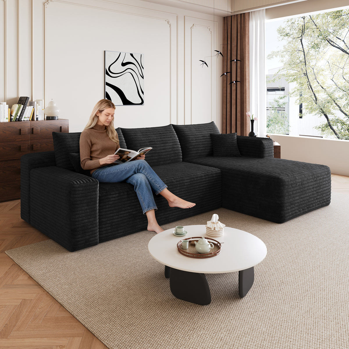 95' Cloud Sectional Sofa,Modern Minimalist Upholstered Couches, Comfort U Shaped Sofa for Living Room,Deep Seat Corner Couch,No Assembly Required,Black (Plush Corduroy Fabric)