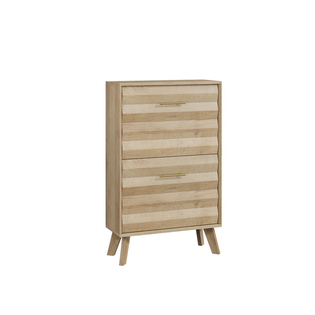 Oak Wood Slim Flip-Top Shoe Cabinet, Mid-Century Modern Freestanding Entryway Storage with Dual Tilt-Top Doors, Light Oak Finish, Particle Board+MDF, 23.6-inch