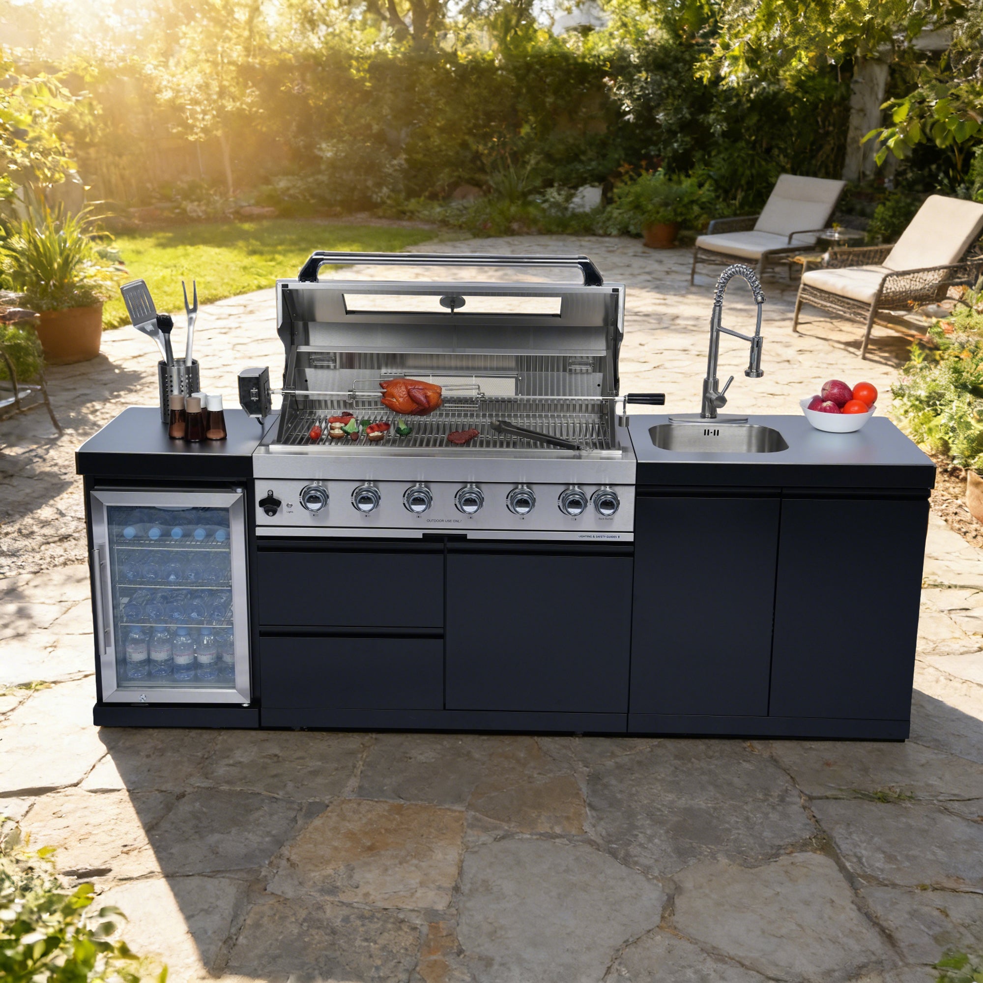 96-Inch 6-Burner 85000 BTU Deluxe Stainless Steel Gas Outdoor Kitchen Bar Barbecue Island Grill  + Wine Cooler Compact Refrigerator + Rotisserie + Stainless Steel Countert + Storage Cabinets & Drawers