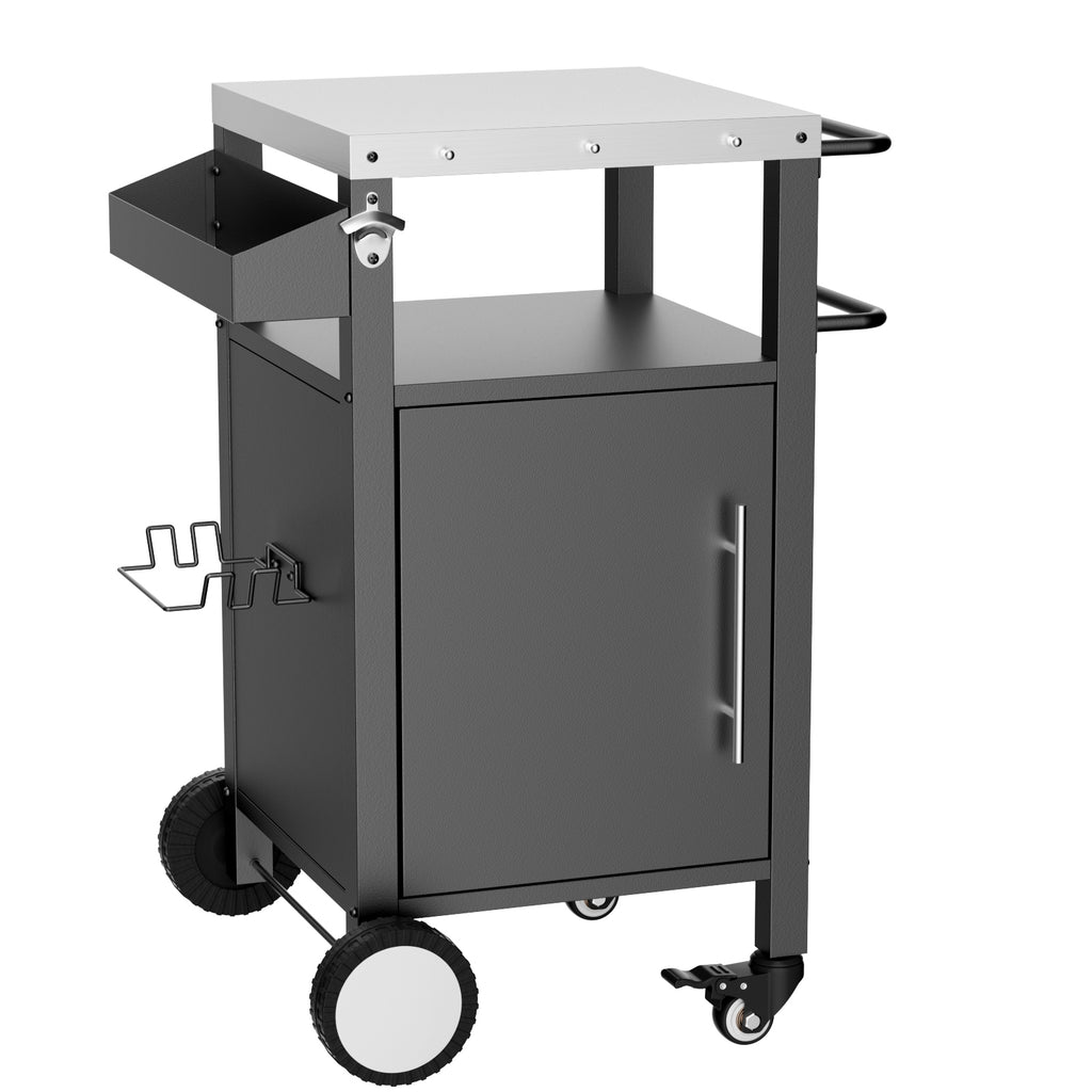 Outdoor Grill Cart with Storage, Rolling Bar Cart with Hooks and Spice Rack, Black Stainless Steel