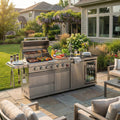 84-Inch Deluxe Stainless Steel Outdoor Kitchen Barbecue Island Grill, 6-Burner 75300 BTU, SS304 Material with Sink, Wine Cooler, Refrigerator, Granite Countertops & Rotisserie Kit, Silver