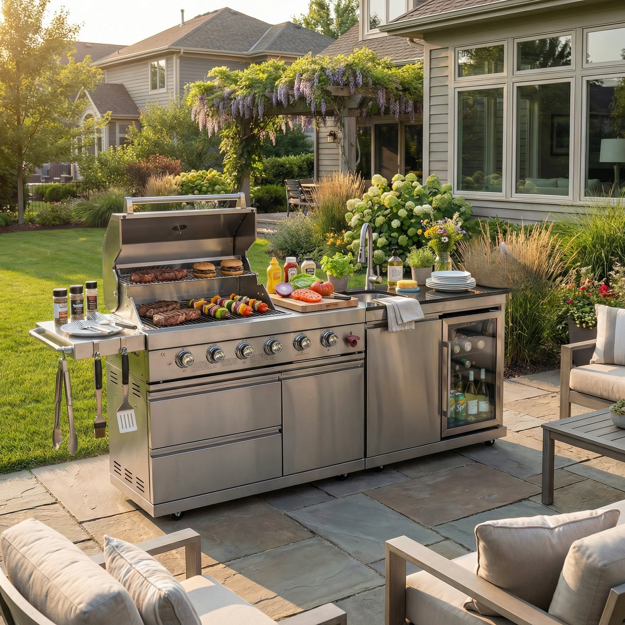 84-Inch Deluxe Stainless Steel Outdoor Kitchen Barbecue Island Grill, 6-Burner 75300 BTU, SS304 Material with Sink, Wine Cooler, Refrigerator, Granite Countertops & Rotisserie Kit, Silver