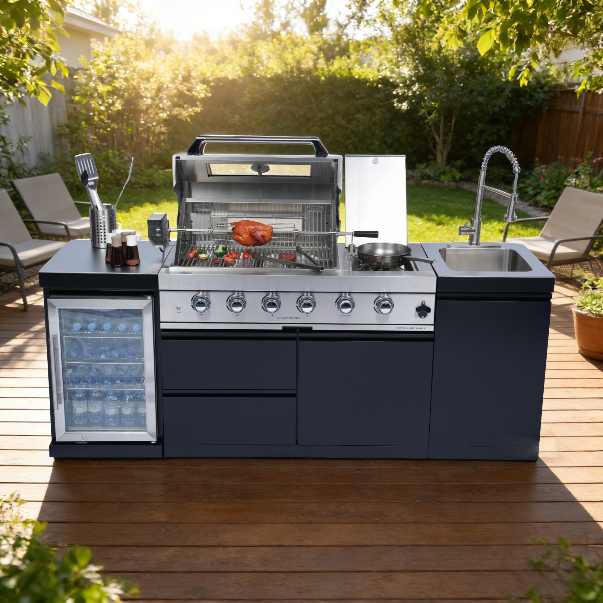 85-Inch 4-Burner 72000 BTU Deluxe Stainless Steel Gas Outdoor Kitchen Bar Barbecue Island Grill  + Wine Cooler Compact Refrigerator + Rotisserie + Stainless Steel Countert + Storage Cabinets & Drawers