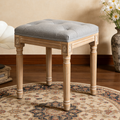 Tufted Vanity Stool with Linen Upholstery & Carved Solid Wood Legs, Dressing Bench for Bedroom, Grey