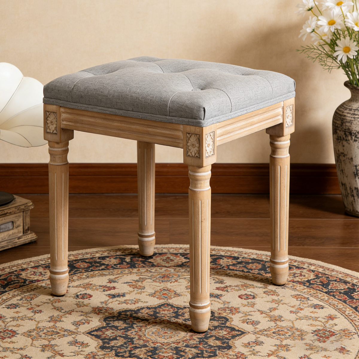 Tufted Vanity Stool with Linen Upholstery & Carved Solid Wood Legs, Dressing Bench for Bedroom, Grey