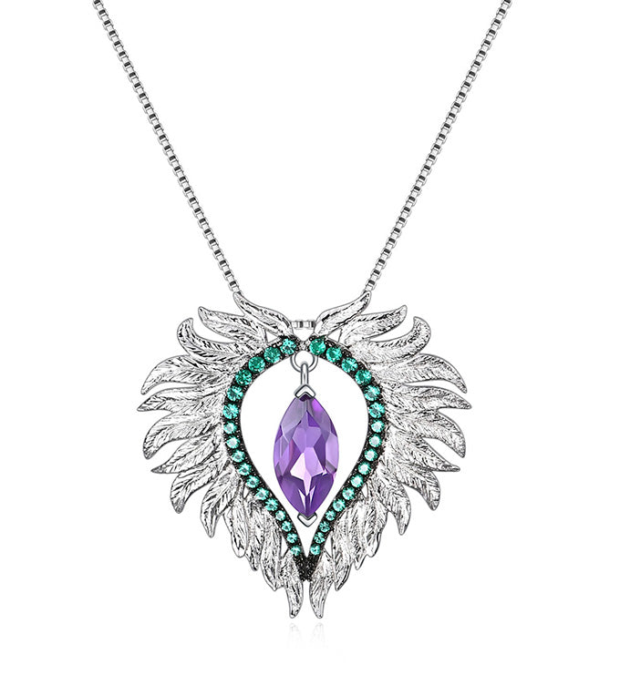 Feather Pendant Necklace-Natural Amethyst-Green Agate